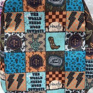 Patchwork Cowboy Print Backpack - Turquoise & Brown kids size one of a kind